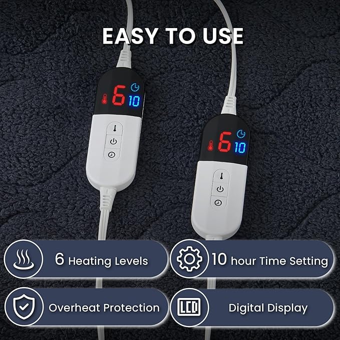 King Size Heated Mattress Pad Sherpa Electric Mattress Pads Electric Bed Warmer Fit up to 21" with 6 Heat Settings Dual Controller 10 Hours Auto Shut Off, Dark Gray