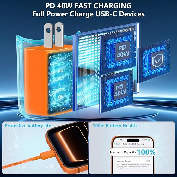 iPhone 17 Pro Max Charger Fast Charging [2-Pack] 40W USB C MFi Certified Fast Charger Block with 2x10FT Woven Type C to C Cable for iPhone 17/Pro Max/Pro/Air/16/16 Pro Max/15/iPad – Orange