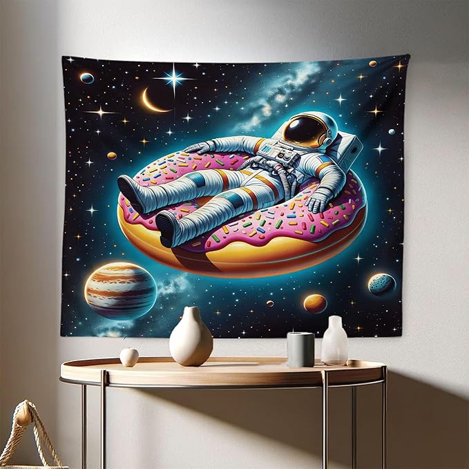 Ambesonne Funny Astronaut Tapestry, Spaceman Floating on a Donut Through the Galaxies Planets Moon, Fabric Wall Hanging Decor for Bedroom Living Room Dorm, 28" X 23", Petrol Blue Pink Orange