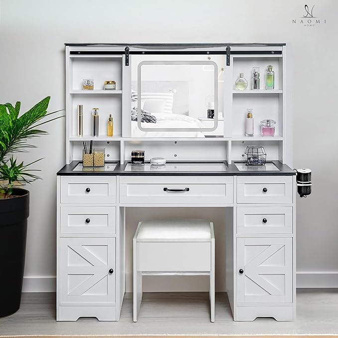 Naomi Home Vanya 47" Makeup Vanity with Sliding Mirror and Lights Farmhouse Vanity Table with 5 Drawers 2 cabinets Visible Glass top and 3 Color Lighting Modes Charging Station with Stool