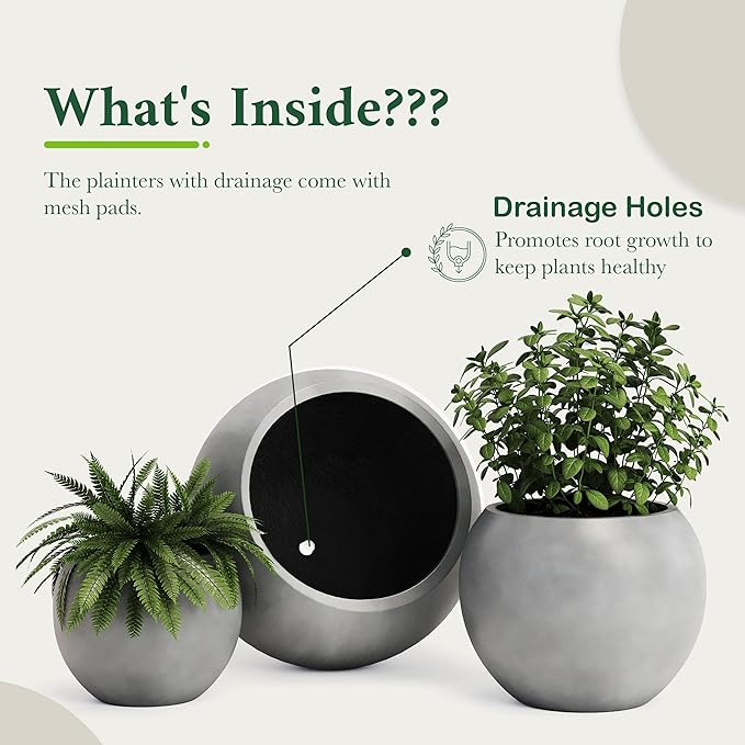 DTY Signature Mount Sherman Modern Indoor Outdoor Fiberstone Sphere Planter, Durable Round Garden Pot, Weather Resistant, Drainage Hole & Rubber Plug, Planter for Christmas Tree - Small, Gray