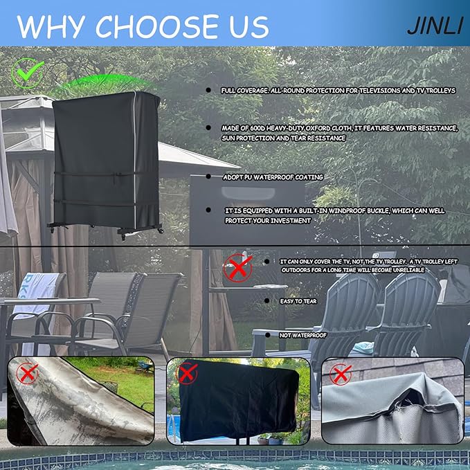 JINLI 55-60 inch outdoor TV trolley cover, courtyard TV cover, Oxford fabric waterproof and dustproof, triple windproof design, compatible with rolling/mobile stand