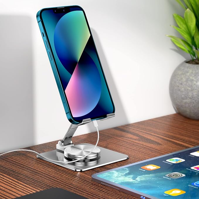 360 Rotatable Foldable Phone Stand for DeskFully Adjustable Desktop Phone Holder Cradle Dock Compatible with iPhone 17 16 15 14 13 12 11 Pro MaxTabletsAll Phones(Black)