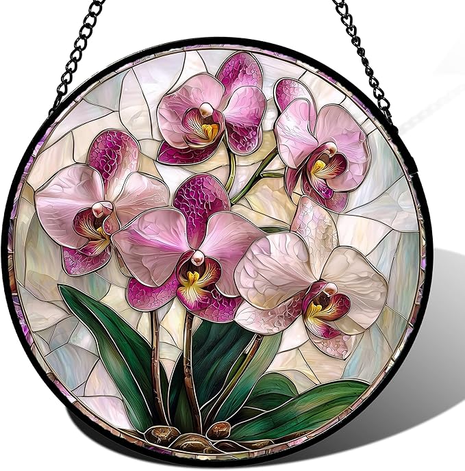 Stained Glass Window Hanging - Pink Purple Phalaenopsis Flowers Sun Catcher for Door Home Decor Plant Suncatcher Christmas Mother's Day Birthday Gifts for Women Men Mom Nana 11.8 in