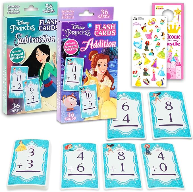 Disney Princess Math Games Set - Bundle with Addition and Subtraction Flash Cards for Boys, Girls | Disney Princess Learning Toys for Kids Ages 5-6