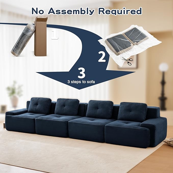 150.4'' Sectional Sofa, 32D Foam Corduroy Boneless Couch with Pillow, Deep Seat Wide Arm Sectional Couch for Apartment, Living Room, Bedroom