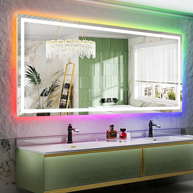 YEELAIT 88x38 Inch RGB LED Bathroom Mirror Front Lit and RGB Backlit Lighted Vanity Mirror for Bathroom Wall Dimmable Anti Fog Memory Shatter-Proof IP54 Waterproof Horizontal/Vertical