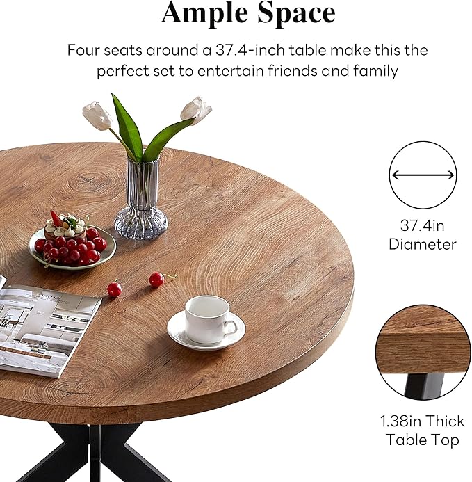 NORDICANA 5-Piece Dining Table Set for 4 - Space Saving 37-Inch Round Table and Chairs, 4 Seaters Dining Set with Upholstered Dining Chairs (Black)