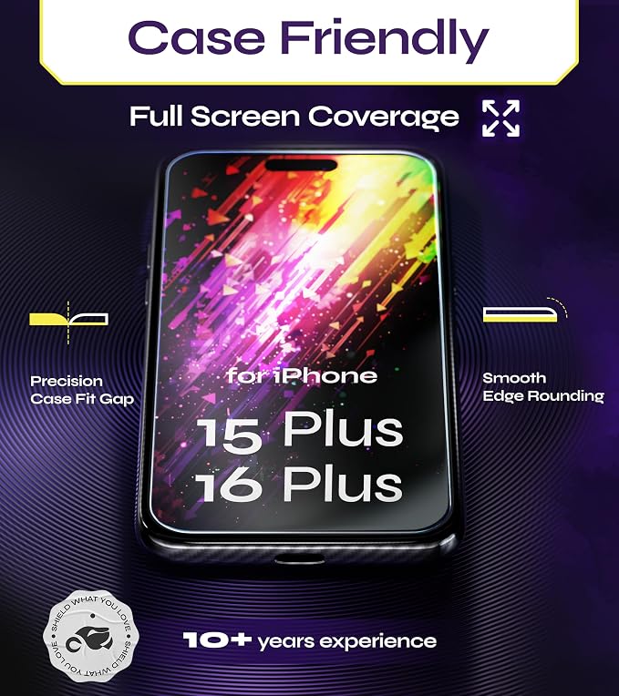 for iPhone 15 PLUS &amp 16 PLUS Screen Protector (2Pack) Easy Auto-Dust &amp Align Install Kit 6.7 Tempered Glass 9H Hardness Ultra HD Clear Case Friendly WonderShield