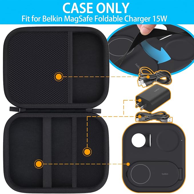 co2CREA Case for Belkin MagSafe 3-in-1 Magnetic Foldable Charger 15W Hard Travel Case Compatible with Belkin Wireless Charging Station and Accessories (Black Case)