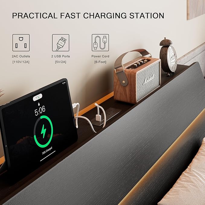 Floating Bed Frame Full Size with Led Headboard and Charging Station, Metal Platform Bed Base with Storage, Remote Control, Heavy Slats Support, No Box Spring Needed, Noise Free, Black