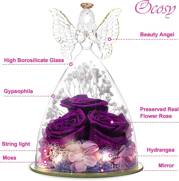 Ocosy Mothers Day Rose Gifts for Her, Large Angel Rose Gifts for Women, Forever Real Roses in Figurines, Guardian With Roses Flower, Purple White