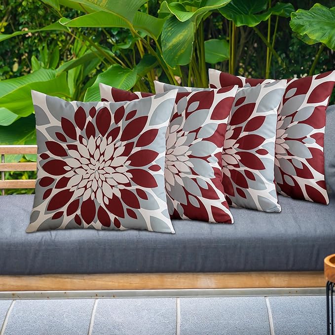 Qahing Pack of 4 Outdoor Waterproof Pillow Covers 16x16 Decorative Outdoor Throw Pillows Garden Square Cushion Cases for Patio Furniture, Couch, Tent Sunbrella, Bench, Burgundy Red Grey