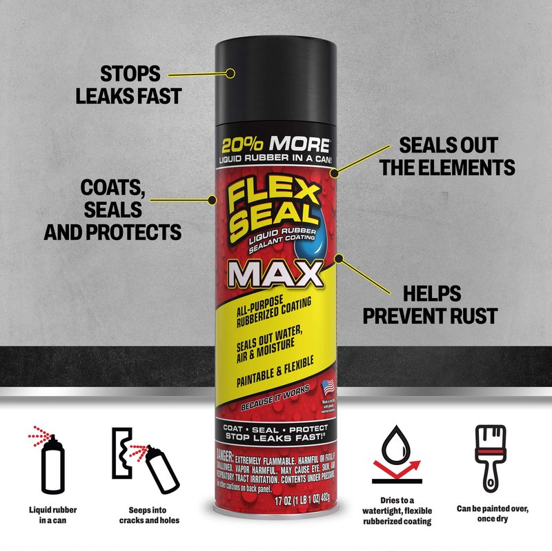 Flex Seal MAX, 17 oz, 2-Pack, Black, Stop Leaks Instantly, Waterproof Rubber Spray On Sealant Coating, Perfect for Gutters, Wood, RV, Campers, Roof Repair, Skylights, Windows, and More