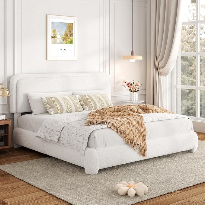 Queen Bed Frame with Headboard Adjustable, Boucle Upholstered Platform Bed Frame Queen Size, Anti-Collision Soft Rounded Corners, No Box Spring Needed, Noise-Free, Easy Assembly, White