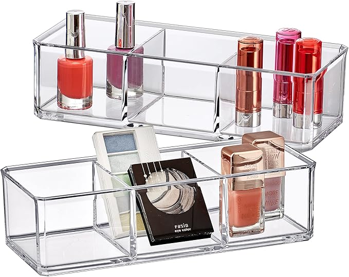 Amazing Abby - Glamour - 2-Pack Acrylic 3-Compartment Makeup Organizer, Transparent Plastic Lipstick Holder, Perfect Bathroom Vanity Storage Solution for Lipsticks, Nail Polishes, and More