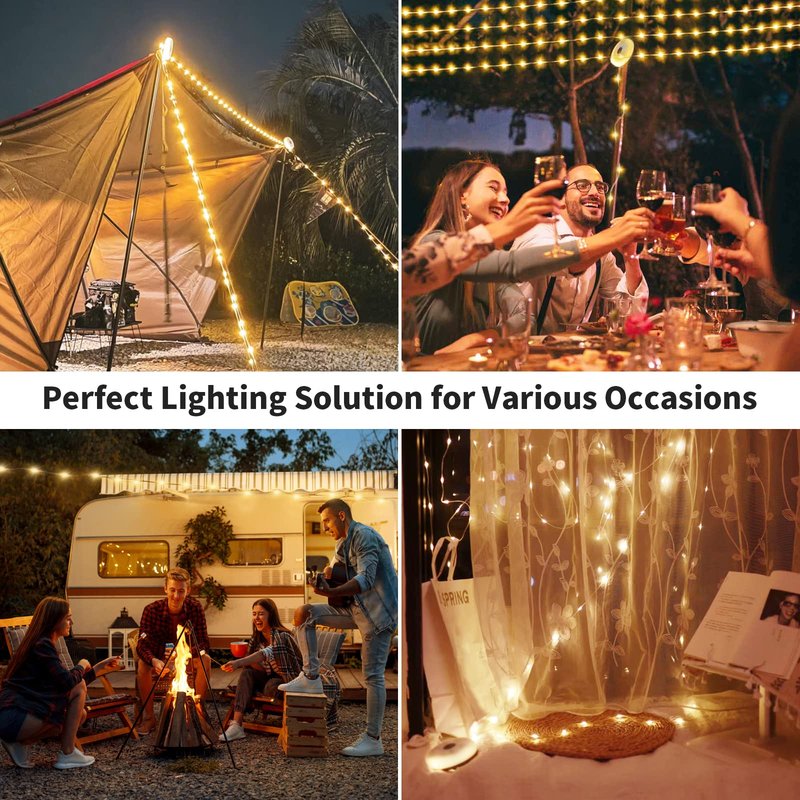 HAMLITE Camping String Lights,2 in 1 Outdoor Waterproof Portable Stowable String Light with 5 Lighting Modes(32.8Ft), USB Camping Lights, Rechargeable String Lights for Yard Hiking,Christmas