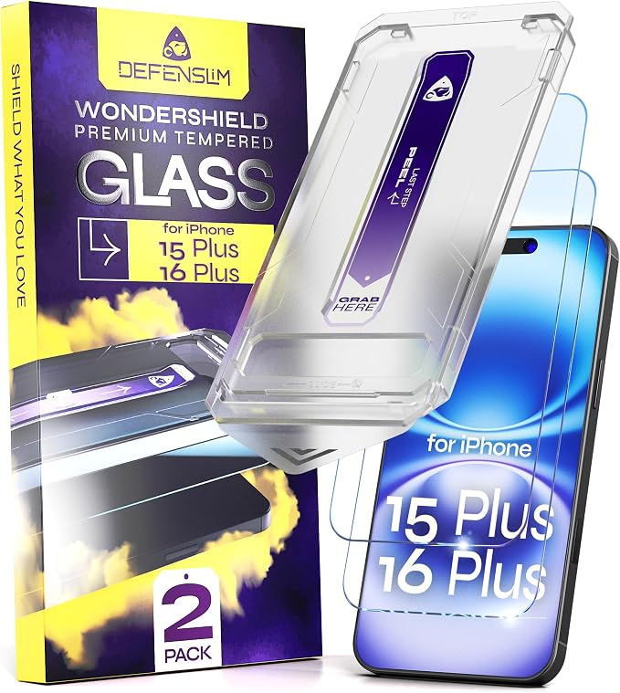 for iPhone 15 PLUS &amp 16 PLUS Screen Protector (2Pack) Easy Auto-Dust &amp Align Install Kit 6.7 Tempered Glass 9H Hardness Ultra HD Clear Case Friendly WonderShield
