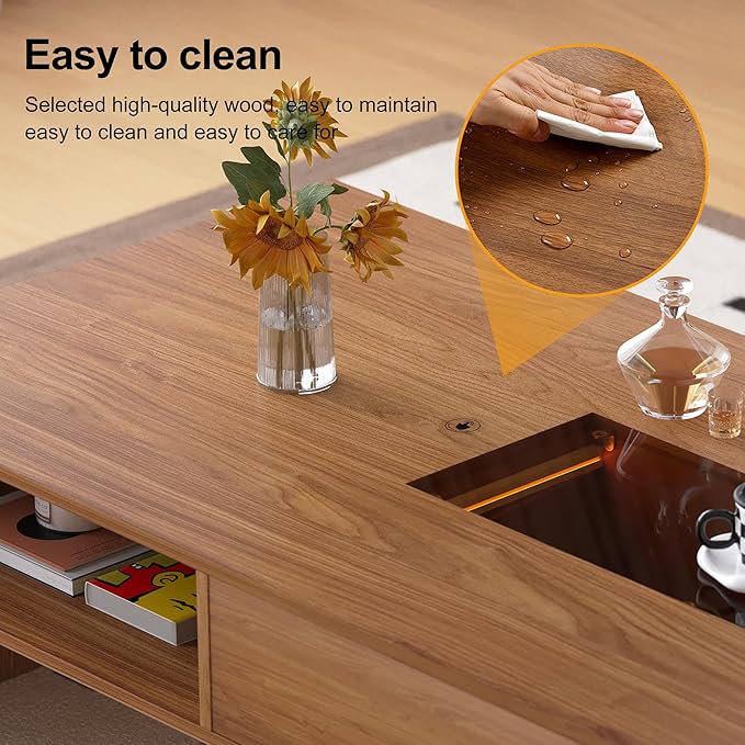 Modern Wood Coffee Table with LED Lights, 51.18" Rectangular Living Room Center Table with Glass Display, Hidden Compartment & Open Storage Shelves, Contemporary Coffee Table for Home Décor