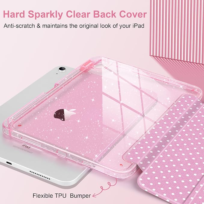 MEEgoodo Case for iPad A16 11th Generation 2025/10th Generation 2022 Glitter Tablet Cases with Transparent Acrylic Back+Trifold Stand +Pencil Holder+Auto Wake/SleepAbstract Sun &amp Palm Tree