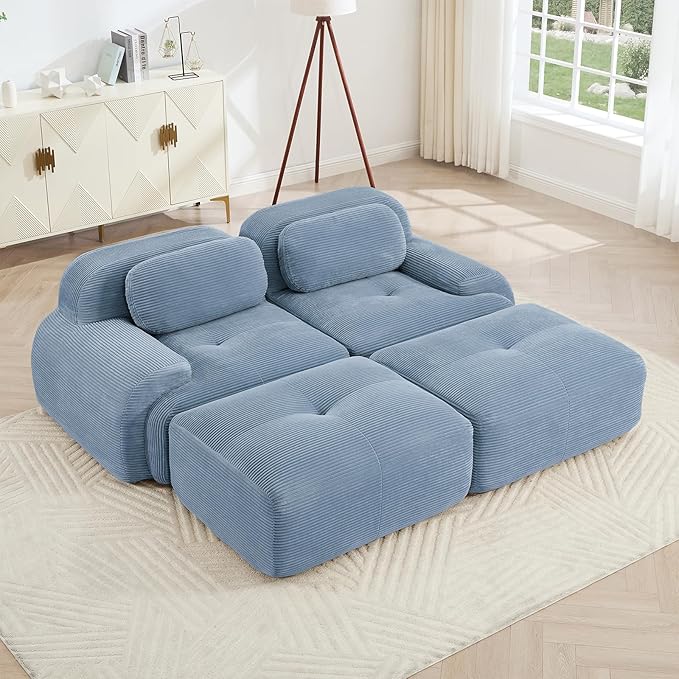 Blue Ottoman for Modular Sectional Sofa, Corduroy Deep Seat for Oversized Compressed Boneless Sectional Couches for Living Room Bedroom Apartment, Cloud Sofa Couch Set, Memory Foam, No Assembly