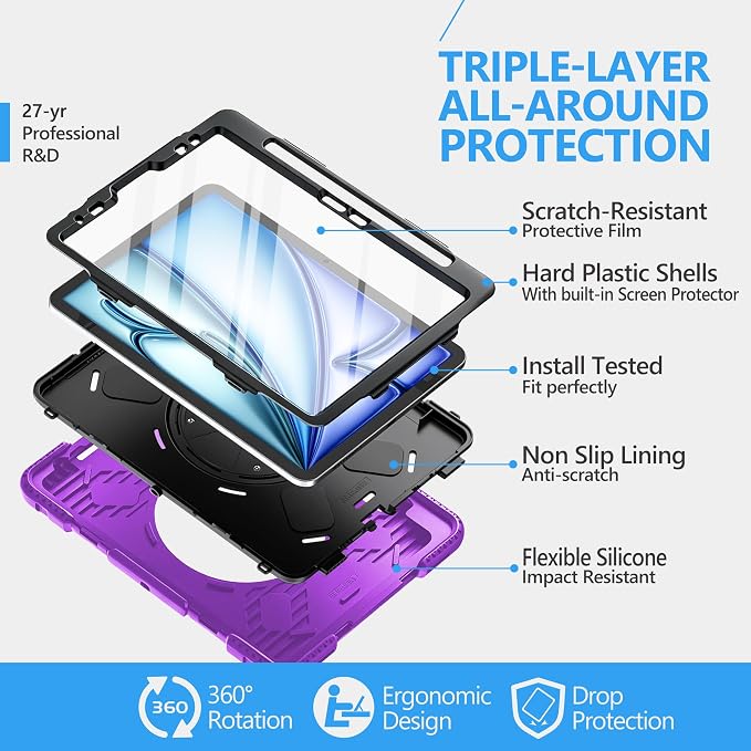 Case for iPad 9th/8th/7th Generation 10.2 Inch Black | Shockproof Protective Silicone Cover with Rotatable Stand-Screen Protector-Handle- Shoulder strap- Pencil holder