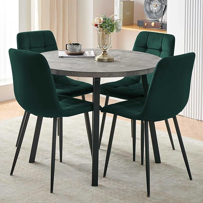 Modern 4-Person Round Dining Table Set, Space-Saving for Kitchen, Living Room, Apartment, Includes Dining Table & 4 Green Chairs,Small Dining Room Set for 4