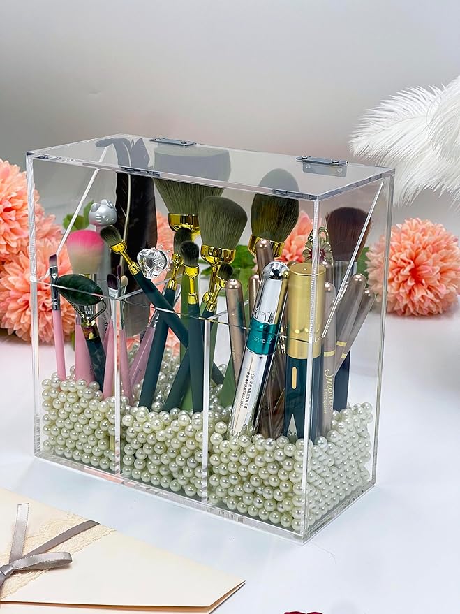 Acrylic Makeup Organizer,Clear Cosmetic Brush Storage Box With 3 Brush Holders,with Dust Cover, Large-capacity Split Design can Quickly Organize the Desktop (with3 bags of white pearls