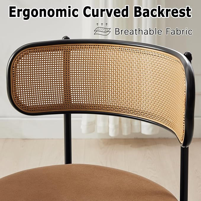 Rattan Dining Chairs Set of 2, Mid Century Modern Dining Chairs with Cane Back and Boucle Upholstered Seat, Farmhouse Kitchen Chairs for Dining Room and Living Room, Brown