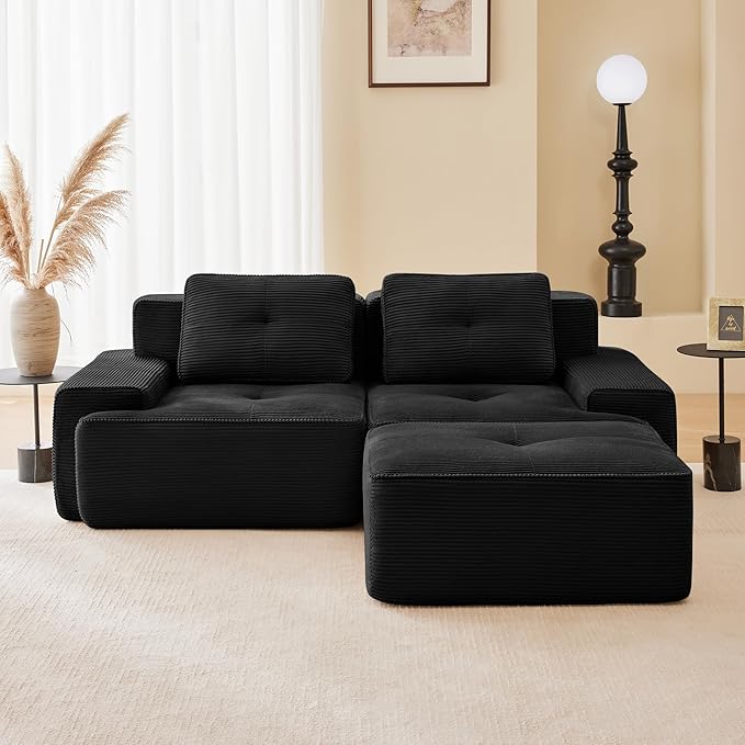 80'' Loveseat Sofa, 32D Foam Corduroy Boneless Couch with Pillow, Deep Seat Wide Arm Sectional L Shaped Couch for Living Room, Small Spaces, Studio Apartment