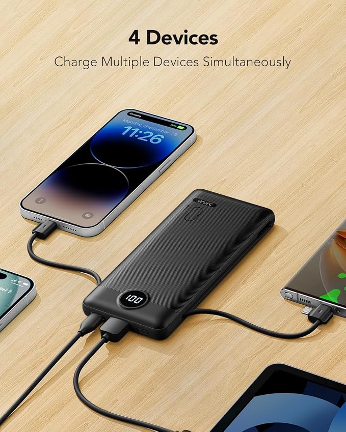 VRURC Portable Charger Power Bank Built-in Cables and AC Wall Plug | USB C Portable Bank 10000mAhTravel Essentials Phone Charger Compact External Battery Pack for Smart PhonesTablets-Black