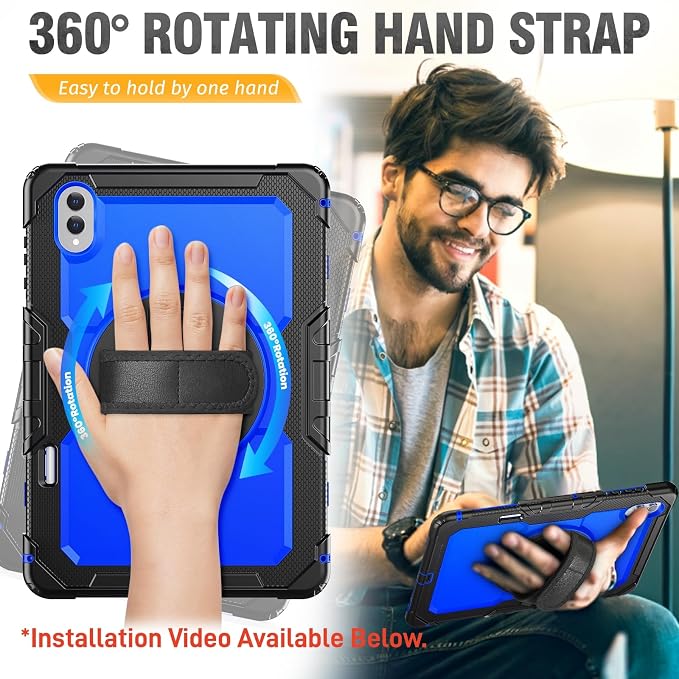 HXCASEAC Case for Samsung Galaxy Tab S10+ Plus / S9 Fe+ / S9+ 5G 12.4 inch Protective with Screen Protector/S Pen Holder/ 360 Rotating Stand Hand Strap - Black