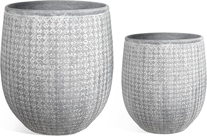 Worth Garden Large Round Planters Set of 2 (14.5"x17.5" & 12" x15“) - Lightweight Magnesium Oxide Cement Plant Pot with Texture - Grey Concrete Look with Drainage Hole – Indoor & Outdoor Use