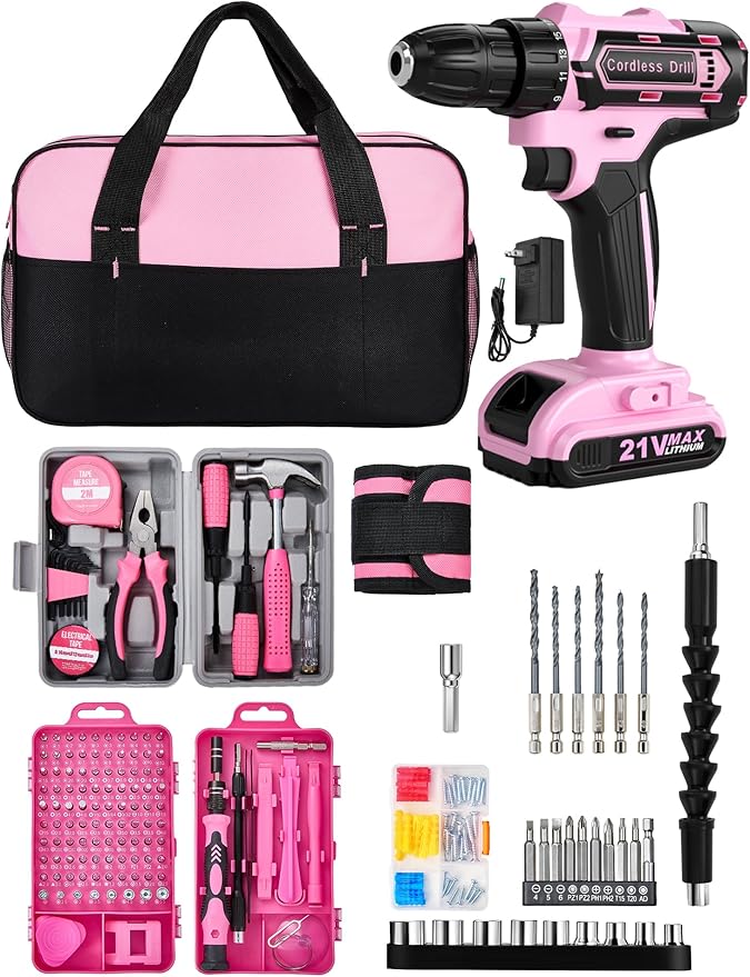 Pink Cordless Drill Set 215 Pcs, 21V Pink Power Drill Tool Set Kit with Storage Bag, Electric Drill Set for Women, Precision Screwdriver set, Magnetic Tool Belt, ToolBox for DIY Projects