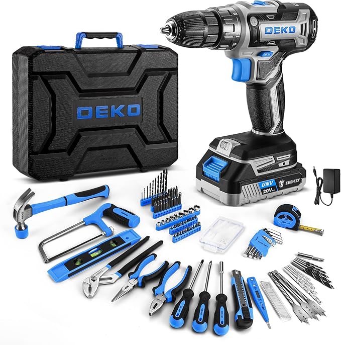 Blue Drill Tool Kit Set: 20V Cordless Power Drill Tool Box with Battery Electric Drill Driver for Men Home Hand Repair Basic Toolbox Tools Sets Drills Case