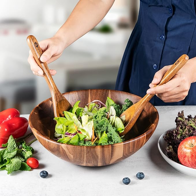 BF BILL.F SINCE 1983 Wooden Salad Bowl 12'' Acacia Wood Salad Bowls Set Large Salad Serving Bowl for Fruits Mixing Bowl with Servers-3-Piece Big Salad Bowl Set