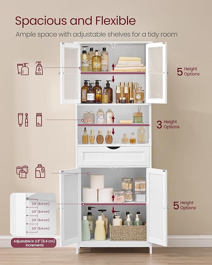 VASAGLE Storage Cabinet, Freestanding Storage Unit with Adjustable Shelves, Drawer, Open Compartments, for Bathroom, Living Room, Kitchen, Cloud White UBBC768WH01S