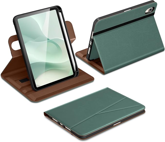 DTTO for iPad mini 7 A17 Pro 2024 aslo fit iPad mini 6 2021 Brown | 360 Degree Rotating Premium Faux Leather Folio Stand Cover with Pencil Holder Auto Sleep/Wake Multiple Angles Hand Strap