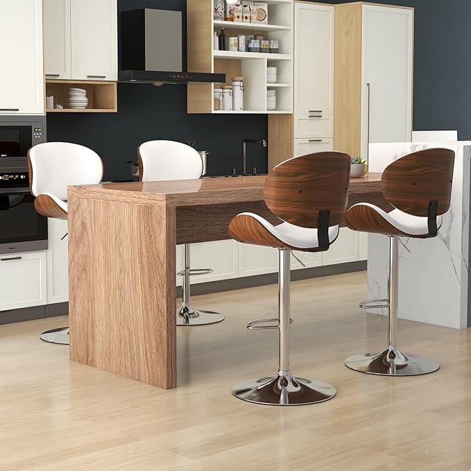 KCC Bar Stools Set of 6, Swivel Adjustable Height Barstools, PU Leather Upholstered Bar Chairs with Footrest, Bentwood Bar Stool for Kitchen, Bar, Dining Room(White PU)