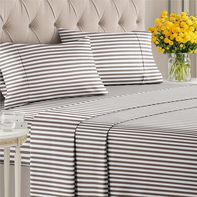 Striped Sheets - Brown Striped Sheets - 1 Flat & 1 Fitted & 2 Pillowcases w/ Deep Pockets – Comfy, Wrinkle & Fade Free - Soft, Breathable and Cooling – Luxury Pinstripe Bedding - Queen Size Bed Set