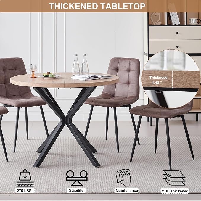 39" Round Dining Table Set for 4, Mid Century Kitchen Table with 4 Faux Leather Dining Chairs for Apartment Living Room Space Saving