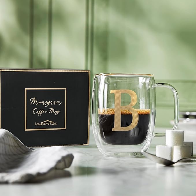 COLLECTIVE HOME - Double Walled Glass Coffee Mugs, Insulated Coffee Mug with Handle, Personalized Gifts for Women, Men, Christmas, 14 oz Monogram Cups (B)