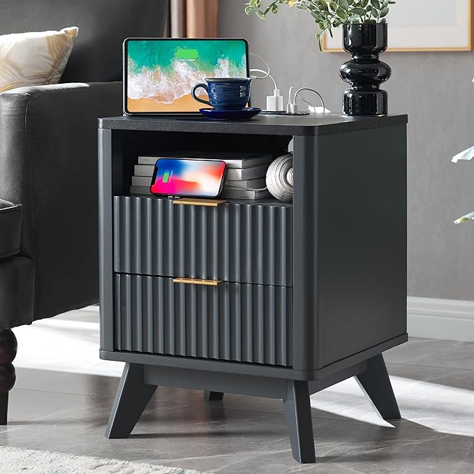 T4TREAM Fluted Nightstand with Charging Station, 18" Modern SideTable with Faux Marble Top, 2 Drawers End Table w/Storage, Bedside Table for Bedroom, Living Room, Curved Profile Design, Dark Grey