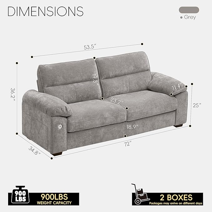 Ihanherry 72" Modern Sofa for Living Room, Deep Seat Chenille Loveseat with Fast Charging Port & Removable Washable Cushions, Pillow-Armrest Couch for Small Space/Apartment, Sturdy Frame, Grey