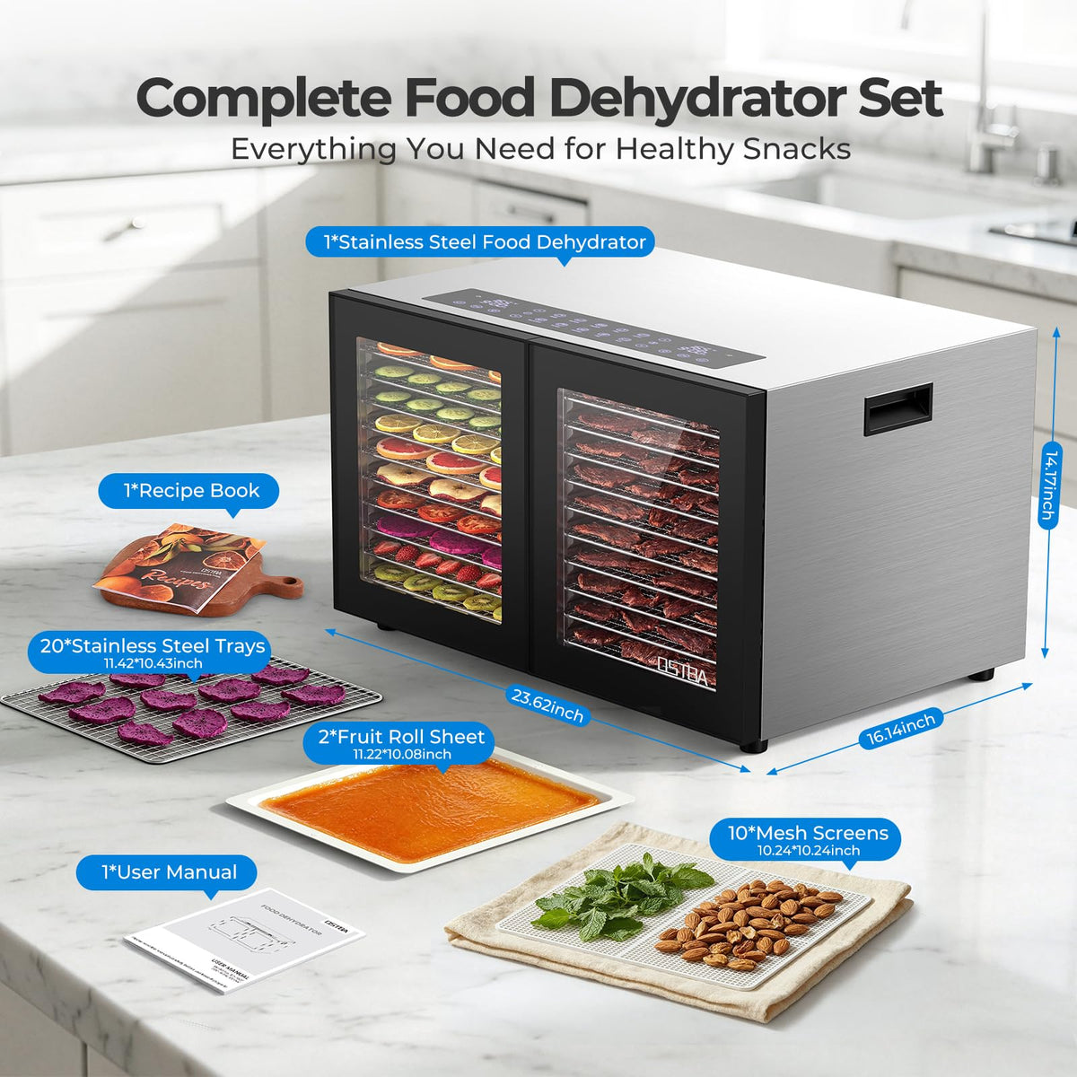 OSTBA Dual Zone Food Dehydrator with 20 Stainless Steel Trays, 1300W Food Dryer with Independent Controls, 95–180°F Temperature Range & 48H Timer for Jerky, Meat, Fruit, Vegetables, Herbs & Pet Treats