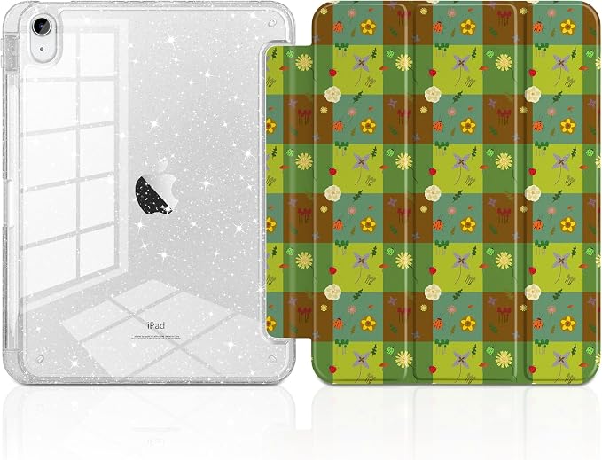 MEEgoodo Case for iPad A16 11th Generation 2025/10th Generation 2022 Glitter Tablet Cases with Transparent Acrylic Back+Trifold Stand +Pencil Holder+Auto Wake/SleepAbstract Sun &amp Palm Tree