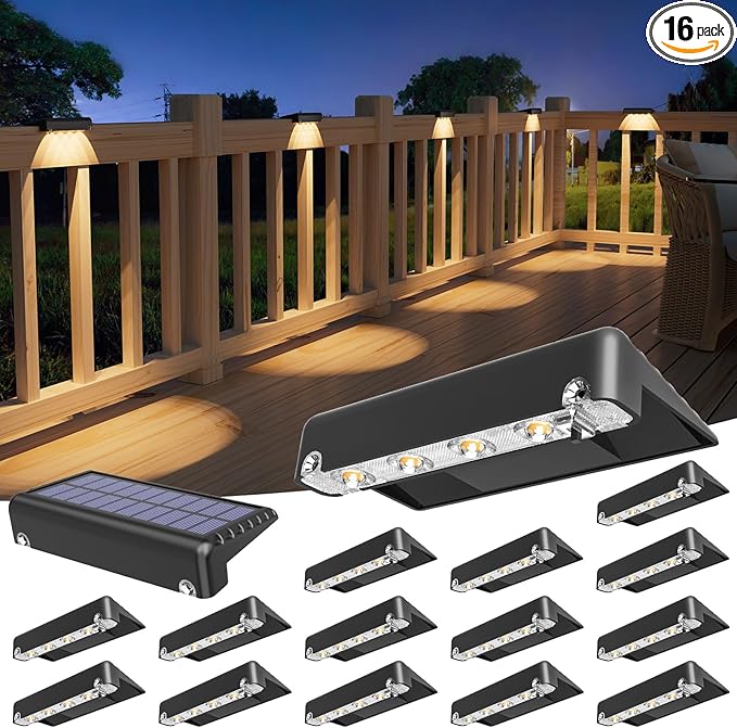 VOLISUN Solar Deck Lights 16 Pack, Warm White Glow LED Large Size Lamp, IP65 Waterproof Step Lights Outdoor for Deck, Step, Fence, Railing, Wall and Stairs(Black)
