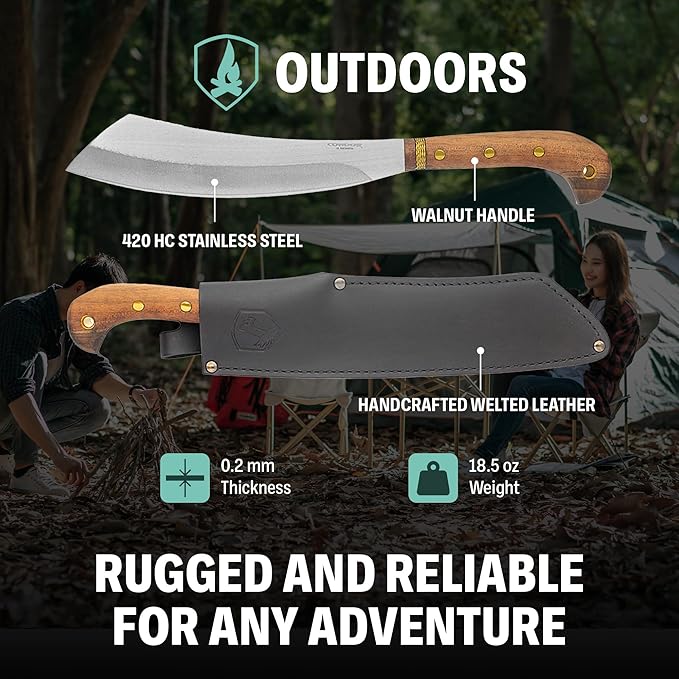 Condor Tool & Knife Mini Duku Heavy Duty Machete with Sheath, Walnut Handle - Hand Crafted Welted Leather Sheath - Camping Machete Knife - 10.5in Blade - 18.5oz