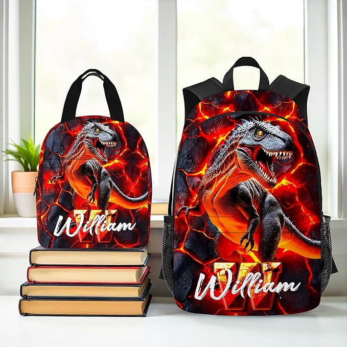 Custom Dinosaur Backpack for Boys Back to School Kids Backpacks with Lunch Box Personalized Name Bookbag for Elementary Middle School