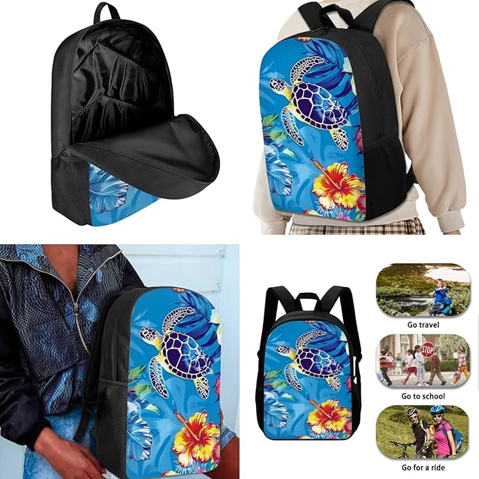 Sea Turtle Backpack for Girls, 3PCS Kids School Bag with Lunch Box Pencil Case Lightweight Book Bag Set for School Travel, Large School Backpack for Kids, Blue